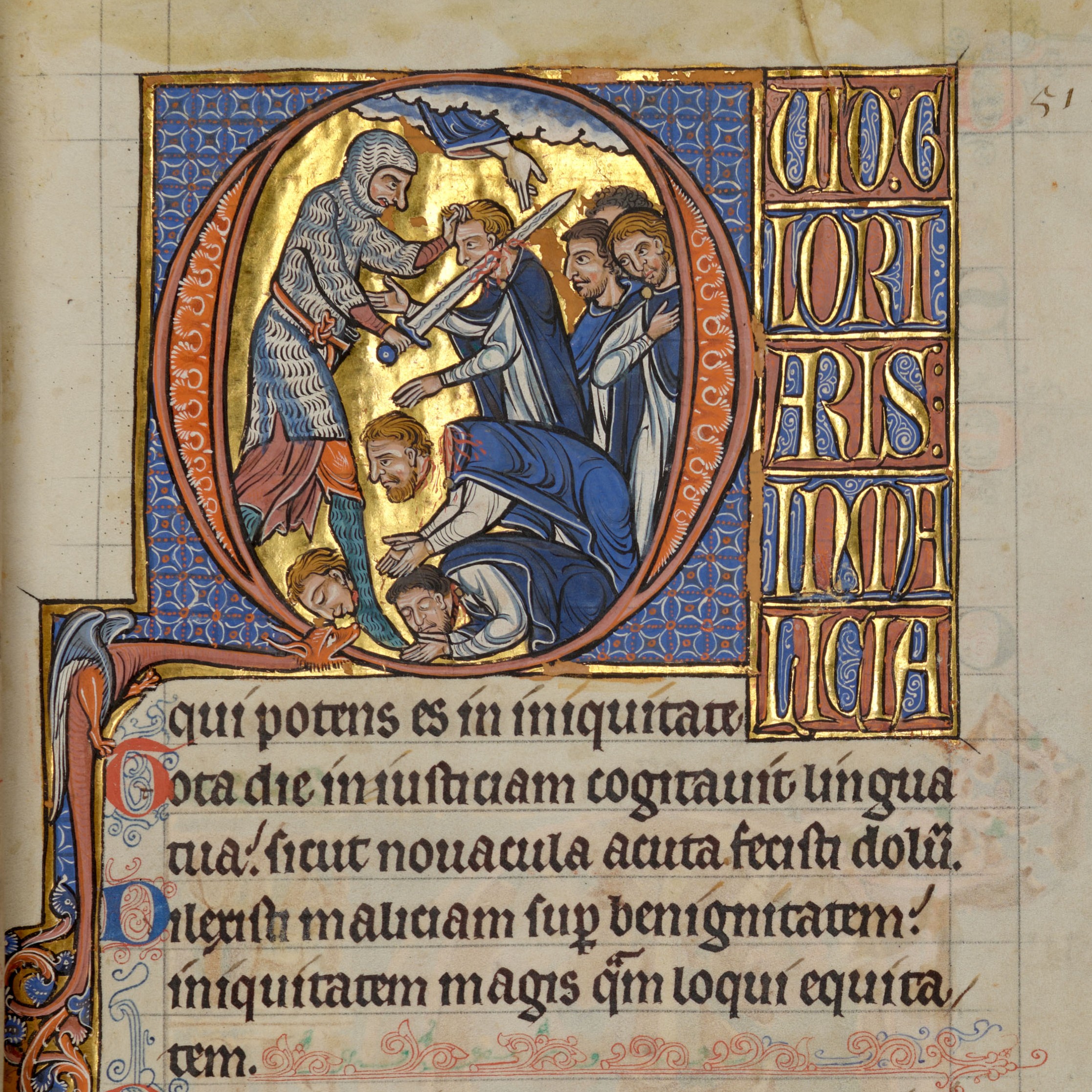 A manuscript page with a illuminated and gilded initial Q containing an illustration of an armoured figure beheading several other figures wearing white robes and blue cloaks.