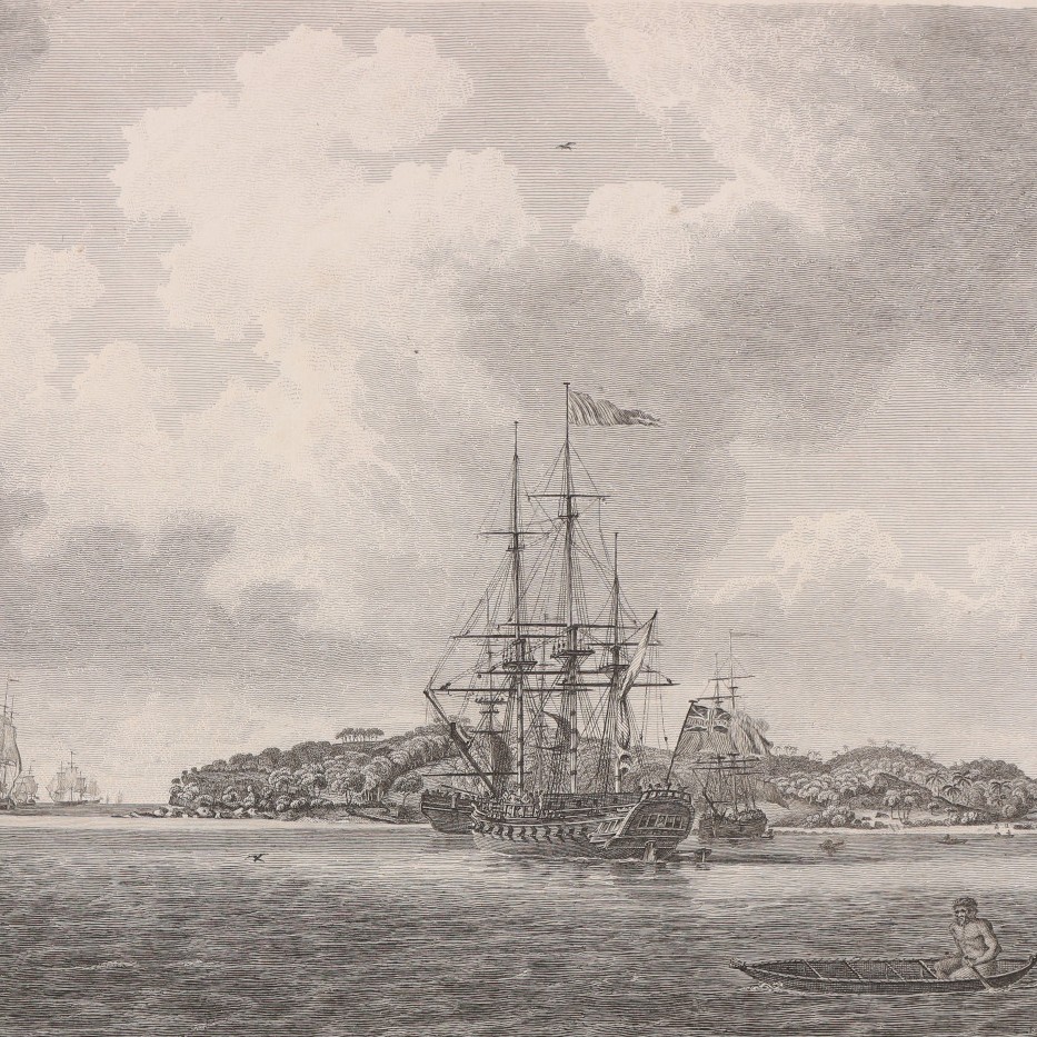 Copperplate engraving of several ships at anchor in the background, with a single figure in a canoe in the foreground.