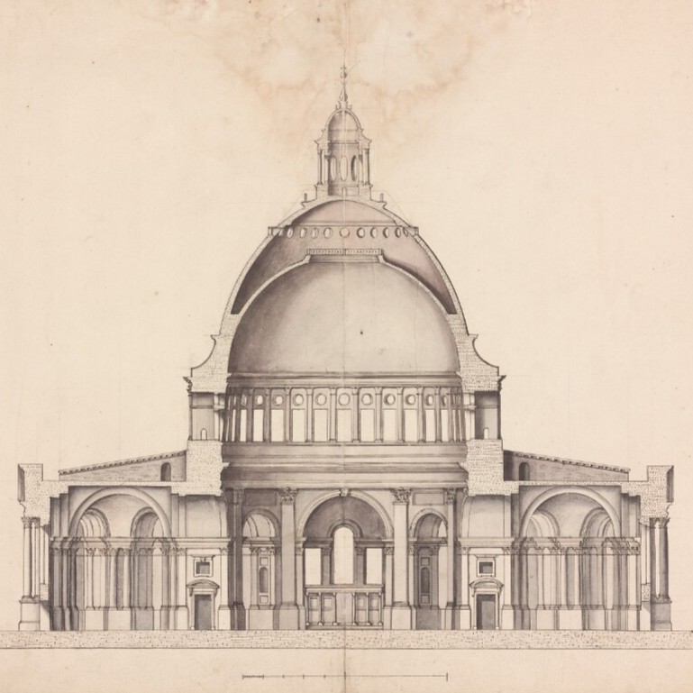 A cross-sectional architectural drawing of a domed cathedral design.