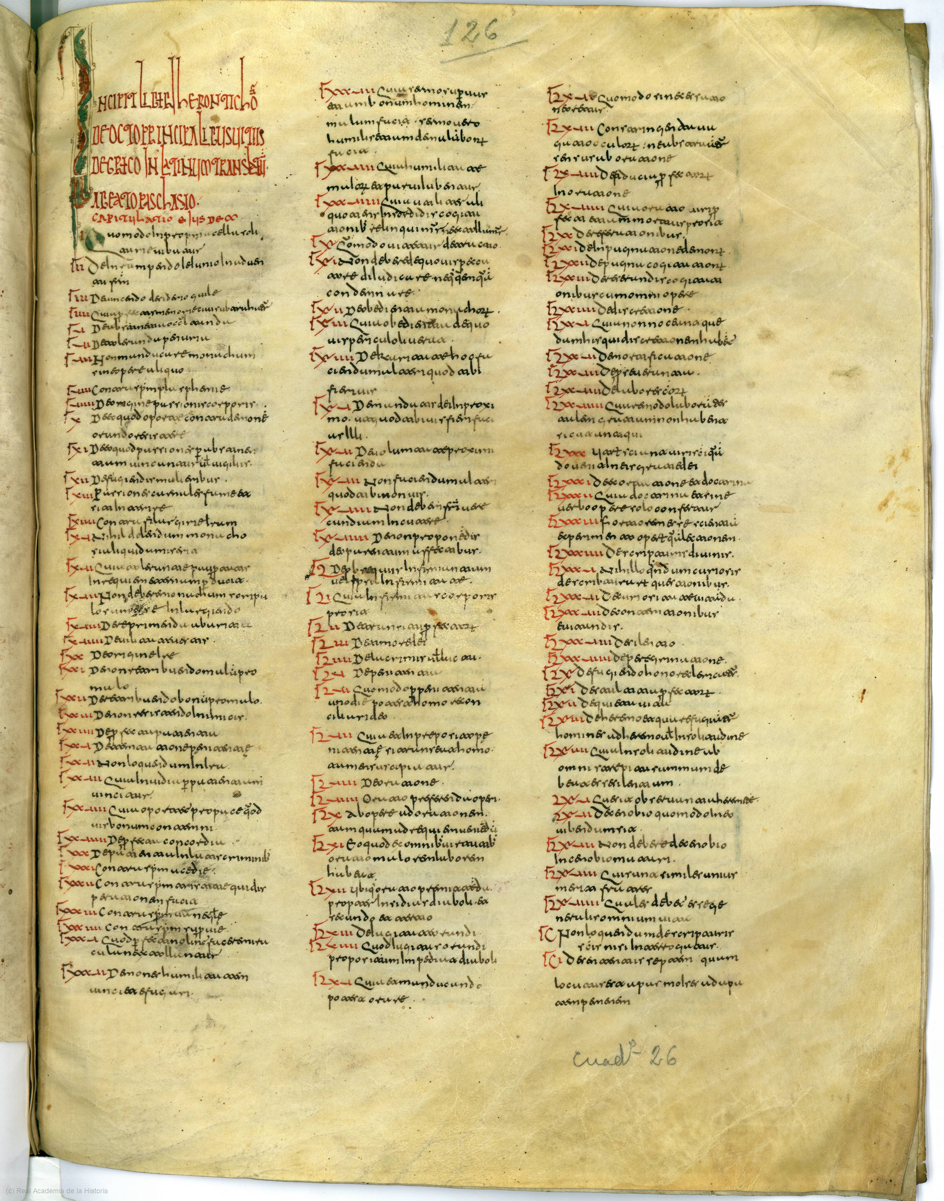 Madrid, Real Academia de la Historia, cód. 80, fol. 126r. This ninth-century manuscript of the Liber geronticon is believed to have been copied in Córdoba.
