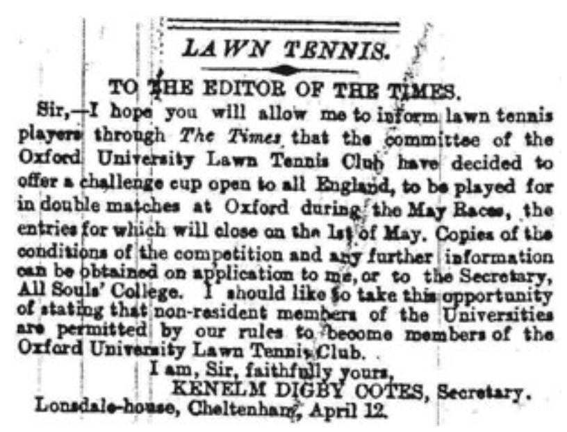 The text of a letter to the Times announcing a challenge cup match