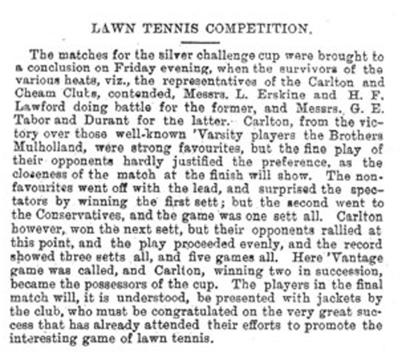 The text of a report on the inaugural Oxford University Men’s Doubles Championships that appeared in the Oxford University Herald, 31 May 1879