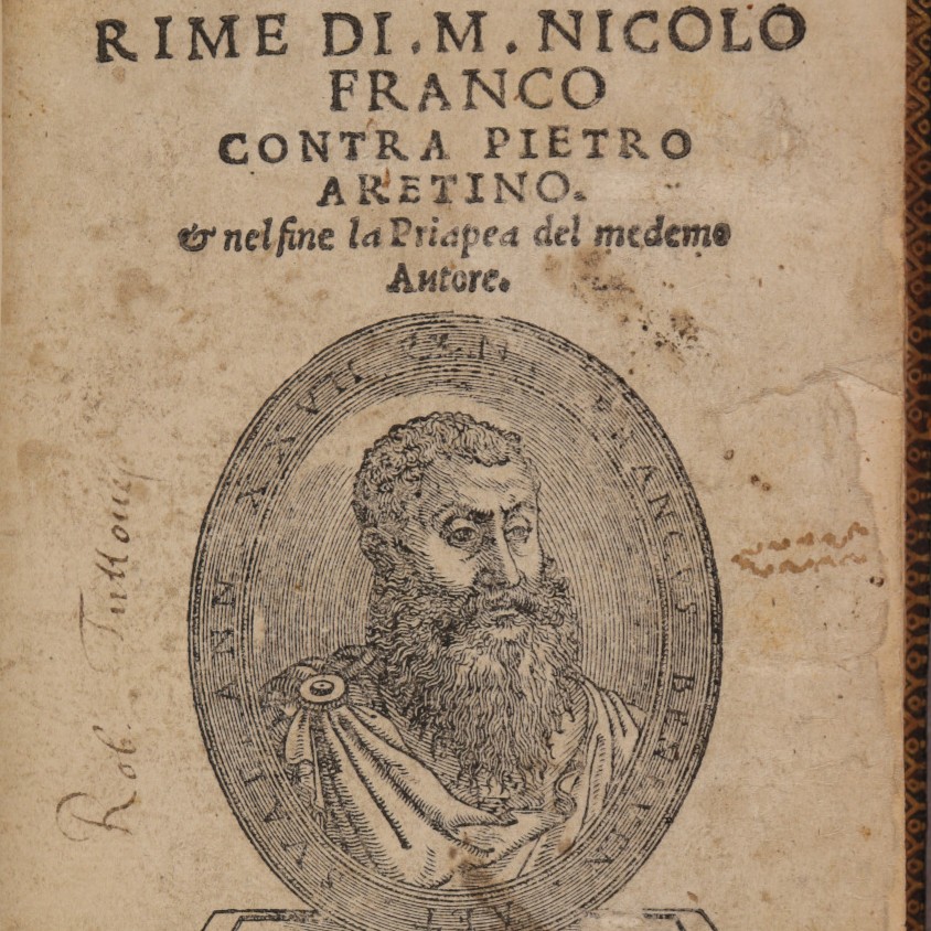 title page of 'Rime di M. Nicolo Franco contra Pietro Aretino', with bust illustration and handwritten inscriptions