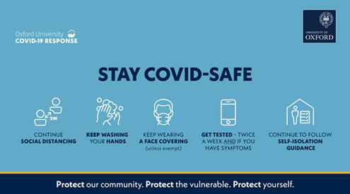 Oxford University Covid Response infographic: Continue social distancing - Keep washing your hands - keep wearing a face covering (unless exempt) - get tested twice a week AND if you have symptoms - continue to follow self-isolation guidelines