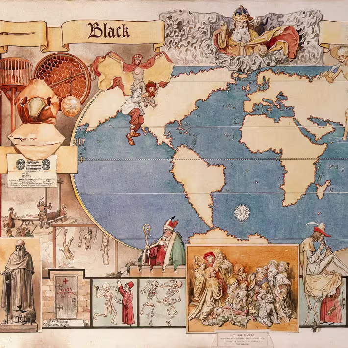 The black death: map of the world, with vignettes. Watercolour by Monro S. Orr.