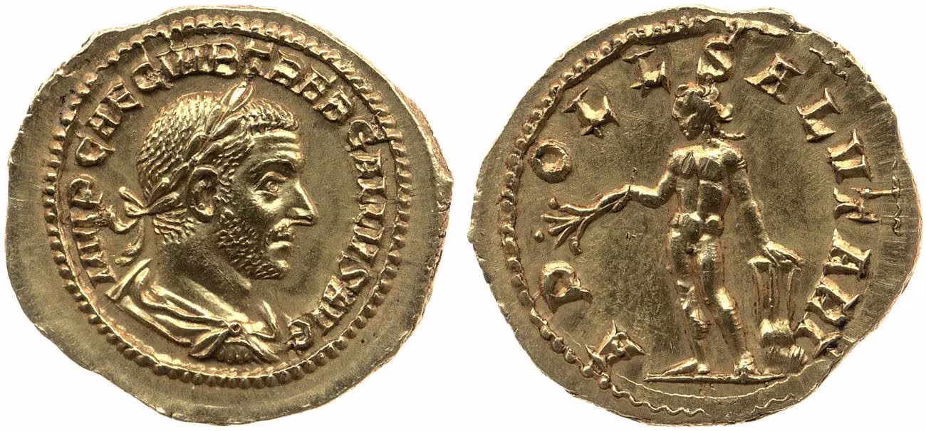 Gold coin (aureus) of the emperor Trebonianus Gallus (AD 251-253), showing Apollo Salutaris on the reverse. This was one of a series of coins issued in the 250s honouring "Health-giving Apollo", who was thought to drive away plague. (RIC IV, Trebonianus Gallus 19; British Museum 1867,0101.804.)