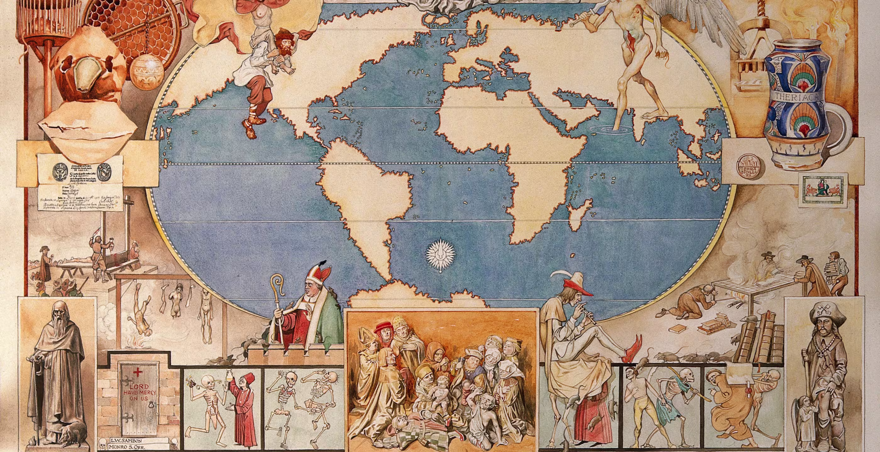 The black death: map of the world, with vignettes. Watercolour by Monro S. Orr.