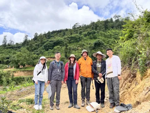 Part of the research team from the University of Oxford and Yunnan University during June 2024 fieldwork in the section of Jiangchuan Biota. From left to right, Dr. Wenwen Wen, Professor Peiyun Cong, Dr Frances Dunn, Associate Professor Luke Parry, Associate Professor Fan Wei and Dr Gaorong Li. Credit: Gaorong Li.