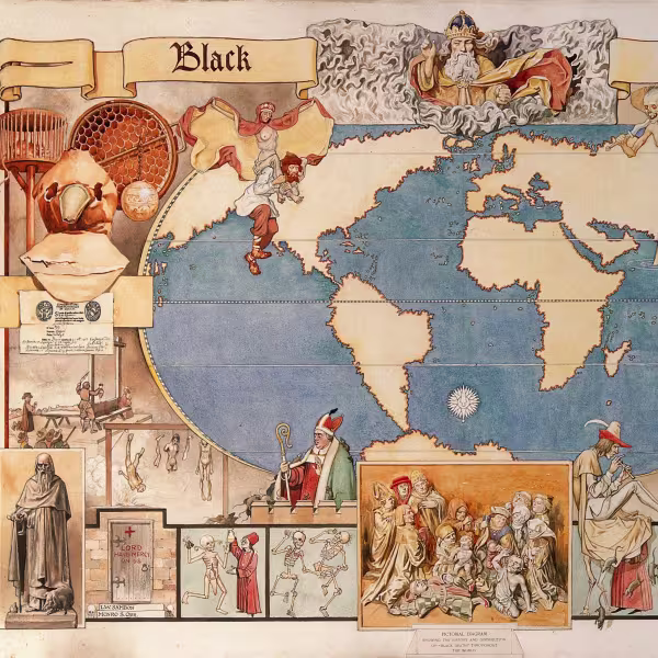 The black death: map of the world, with vignettes. Watercolour by Monro S. Orr.